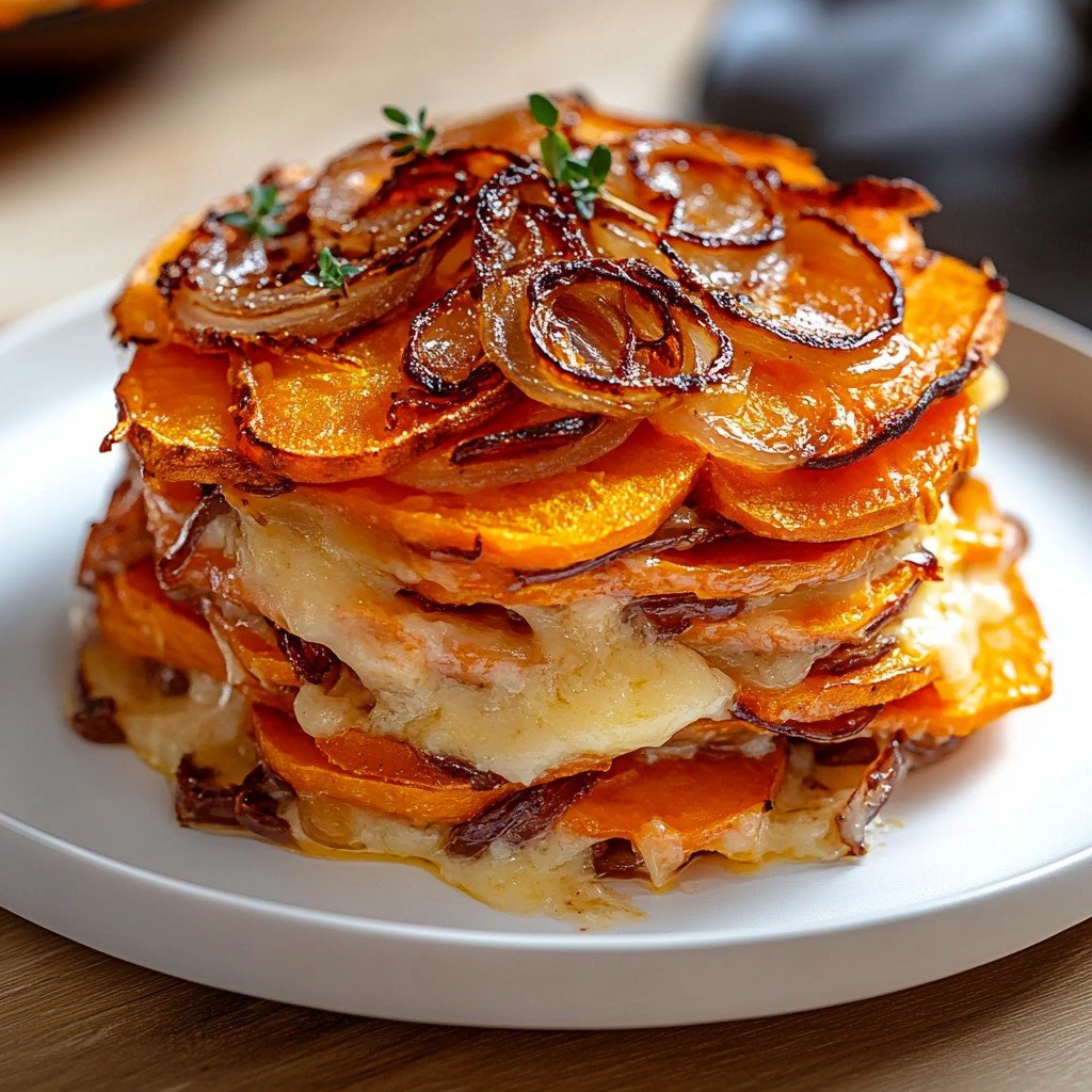 Cheesy Sweet Potato Gratin with Caramelized Onions Delight