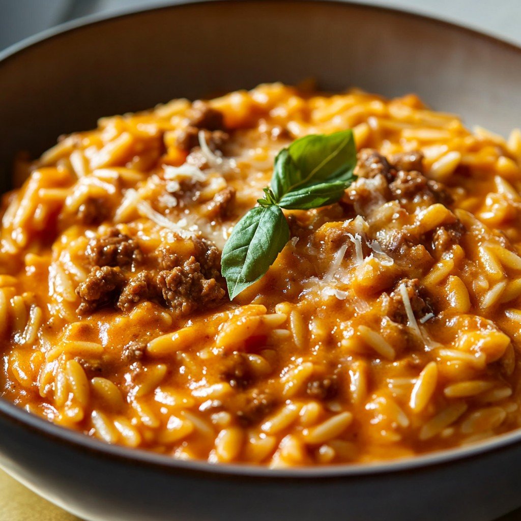 Delicious Ground Beef Orzo in Creamy Tomato Sauce Recipe