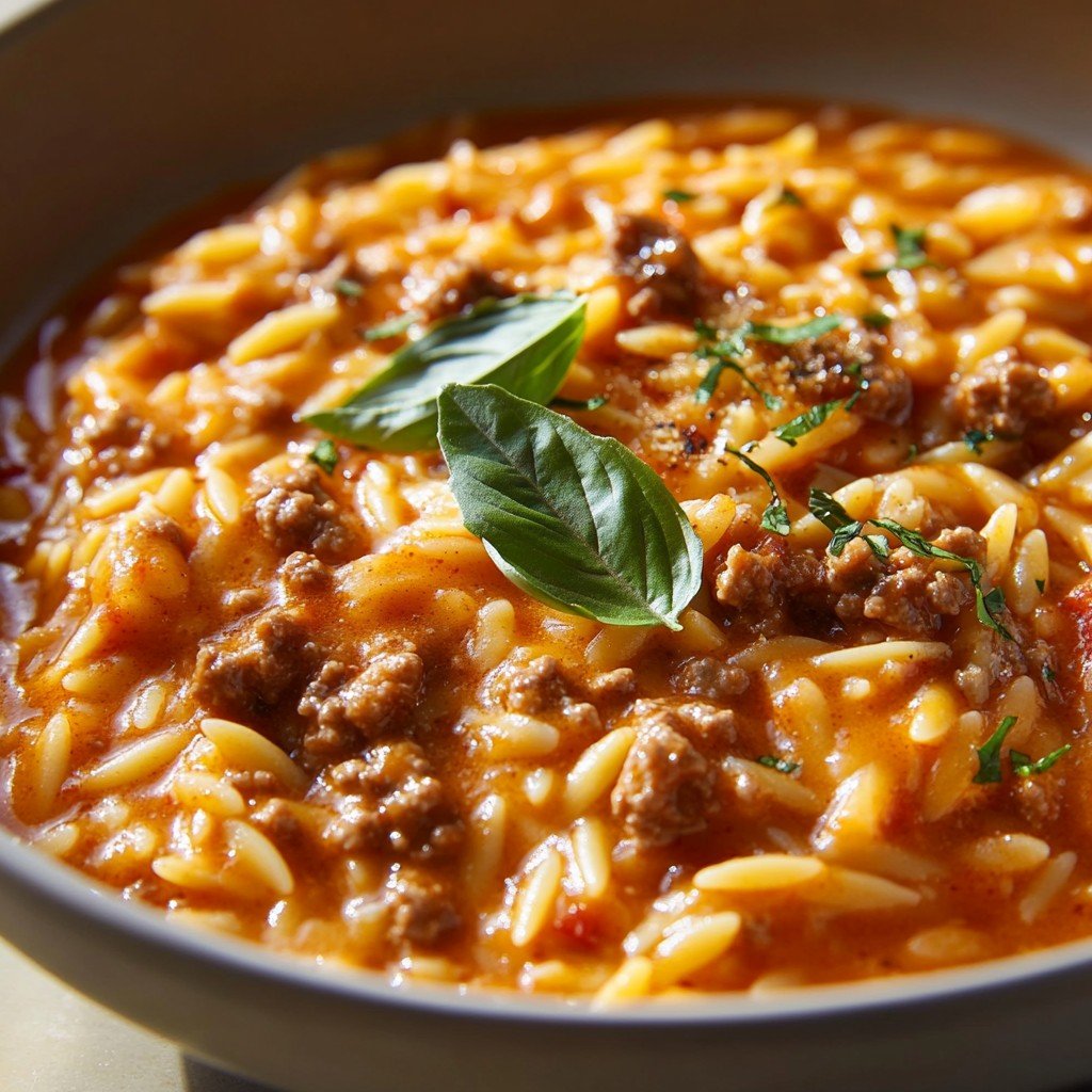Delicious Ground Beef Orzo in Creamy Tomato Sauce Recipe