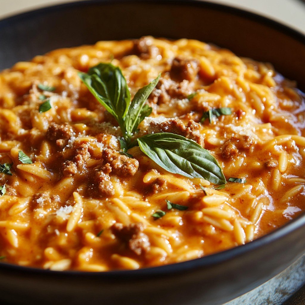Delicious Ground Beef Orzo in Creamy Tomato Sauce Recipe
