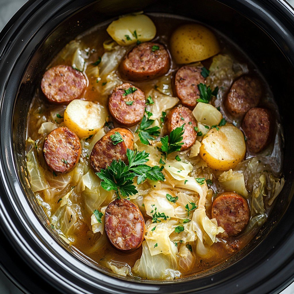 Set-and-Forget Slow Cooker Sausage & Cabbage (Only 4 Ingredients)