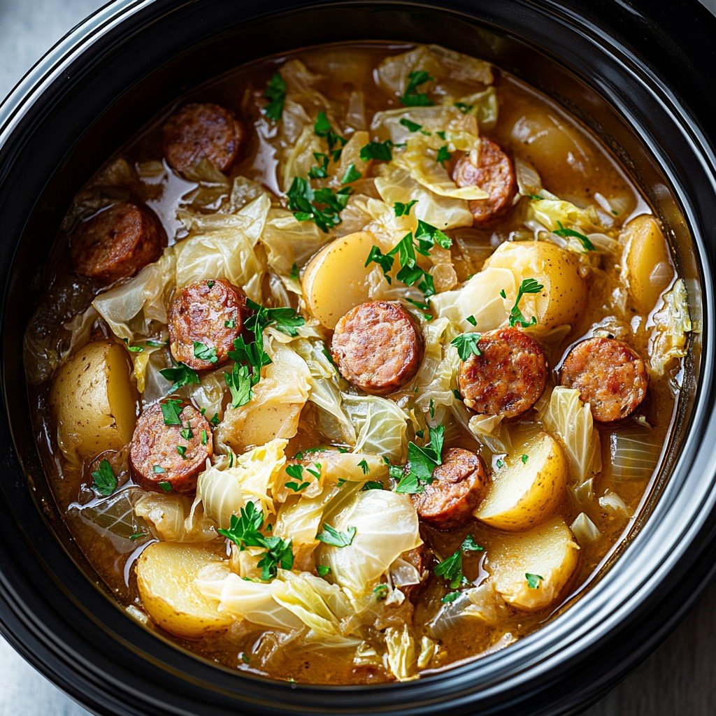 Set-and-Forget Slow Cooker Sausage & Cabbage (Only 4 Ingredients)