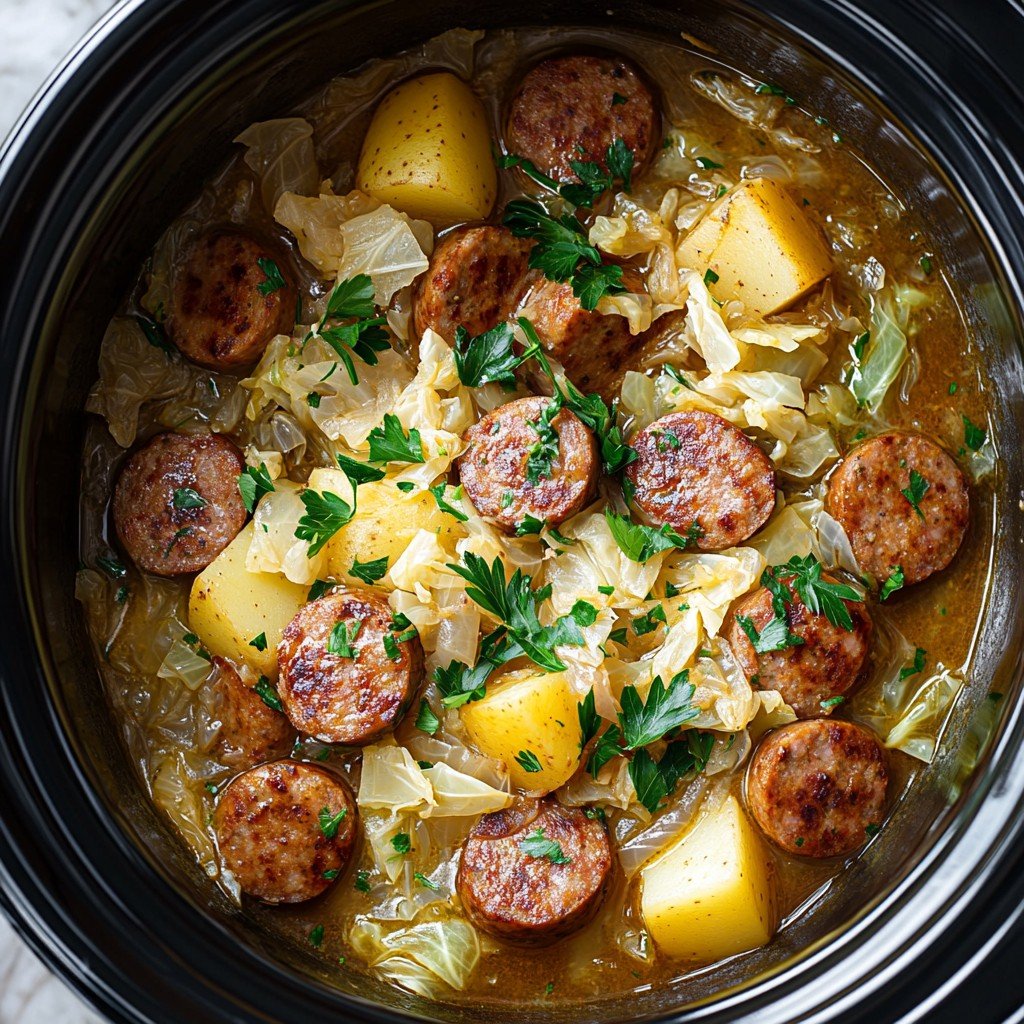 Set-and-Forget Slow Cooker Sausage & Cabbage (Only 4 Ingredients)