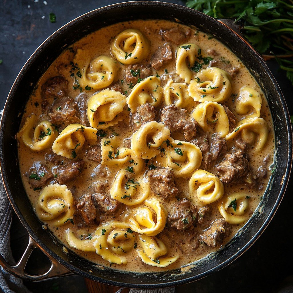 30-Minute Creamy Beef Stroganoff Tortellini Skillet