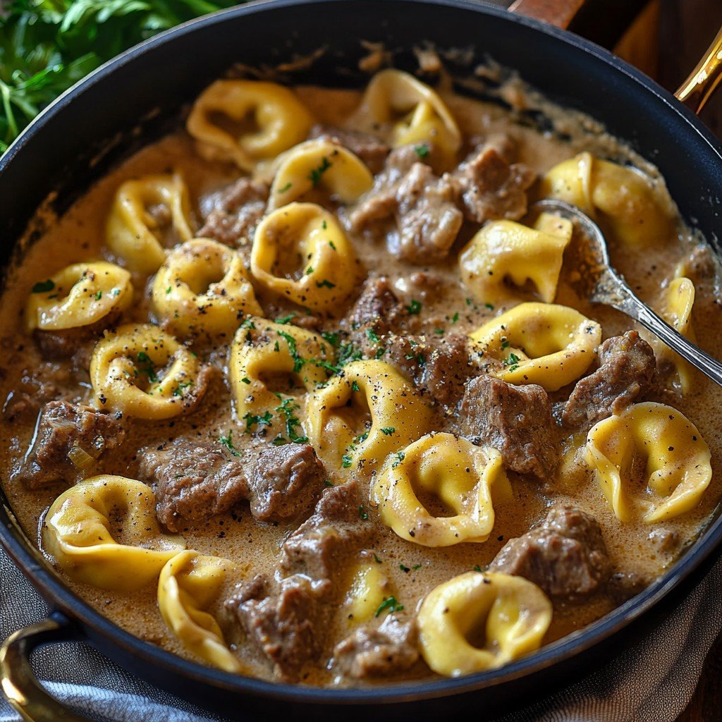 30-Minute Creamy Beef Stroganoff Tortellini Skillet