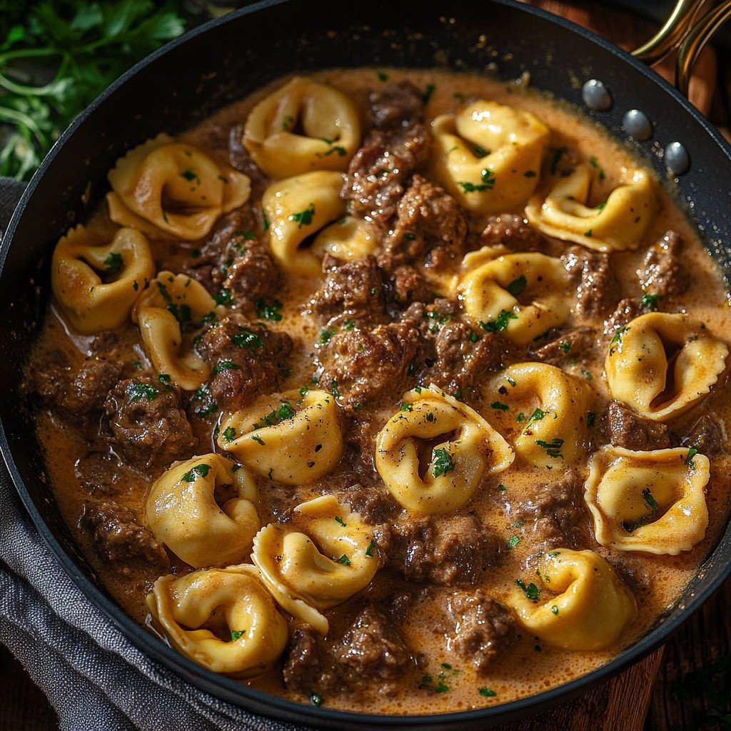 30-Minute Creamy Beef Stroganoff Tortellini Skillet