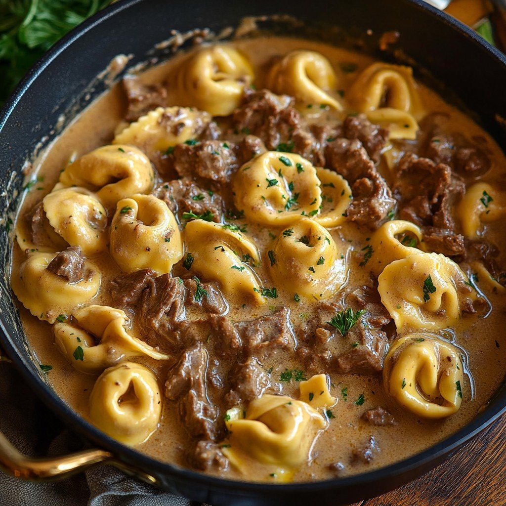 30-Minute Creamy Beef Stroganoff Tortellini Skillet