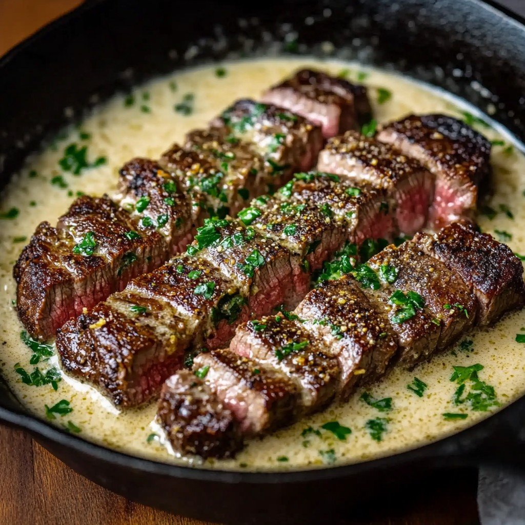 4-Ingredient Keto Garlic Butter Steak with Parmesan Cream Sauce