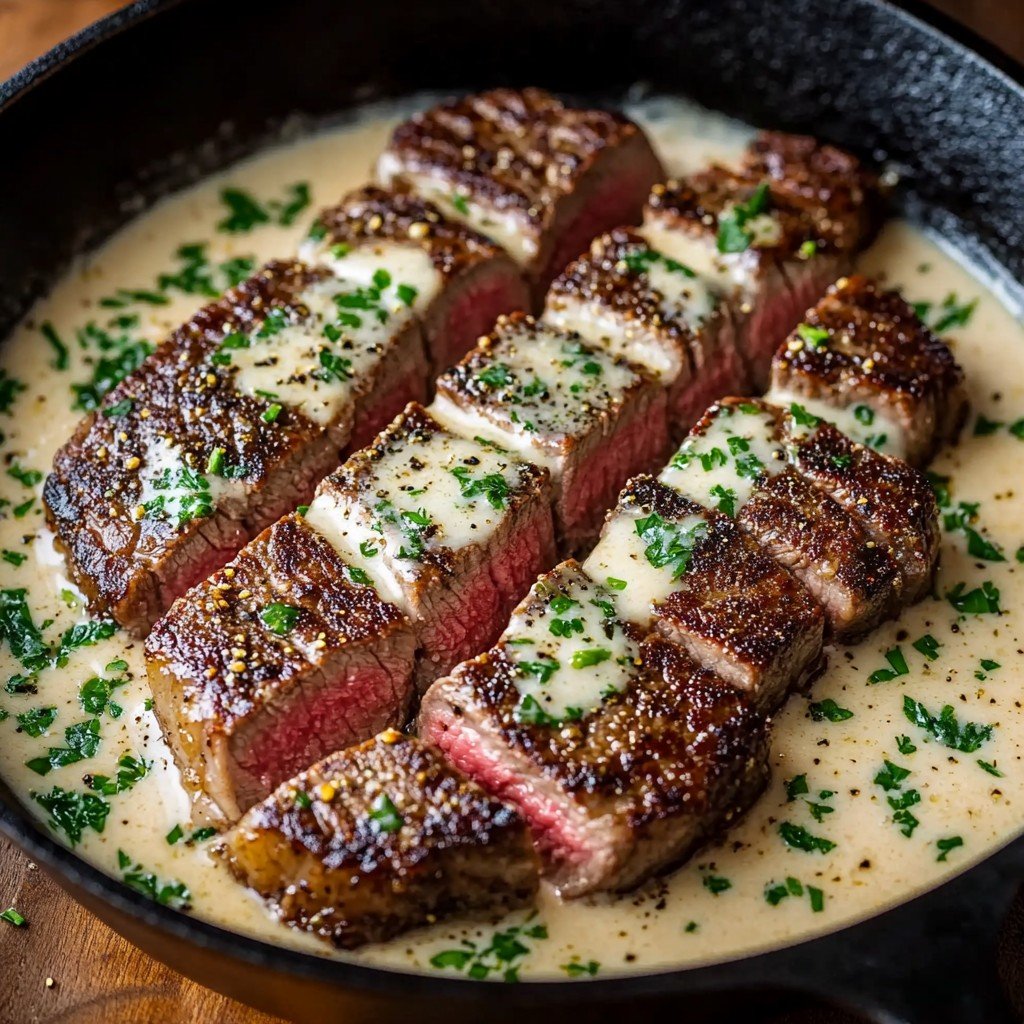 4-Ingredient Keto Garlic Butter Steak with Parmesan Cream Sauce