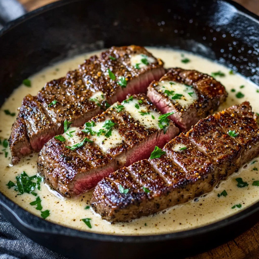 4-Ingredient Keto Garlic Butter Steak with Parmesan Cream Sauce