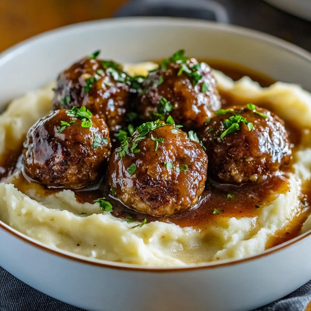 5-Ingredient Salisbury Steak Meatballs & Garlic Mashed Potatoes