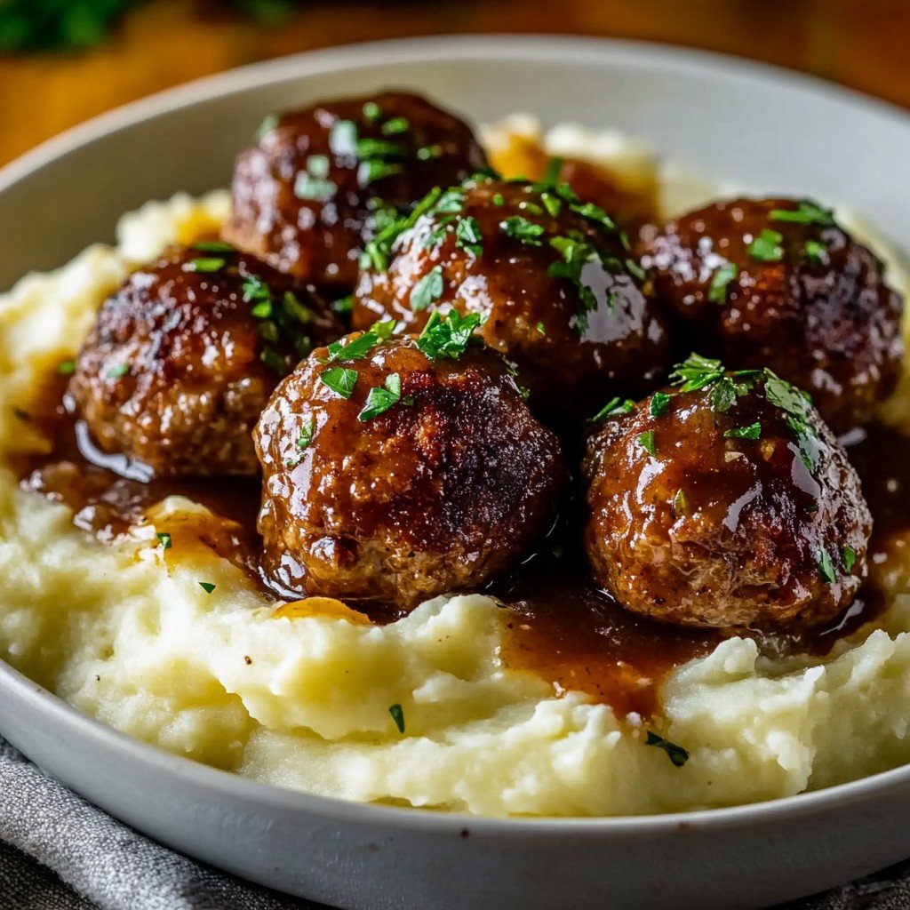5-Ingredient Salisbury Steak Meatballs & Garlic Mashed Potatoes