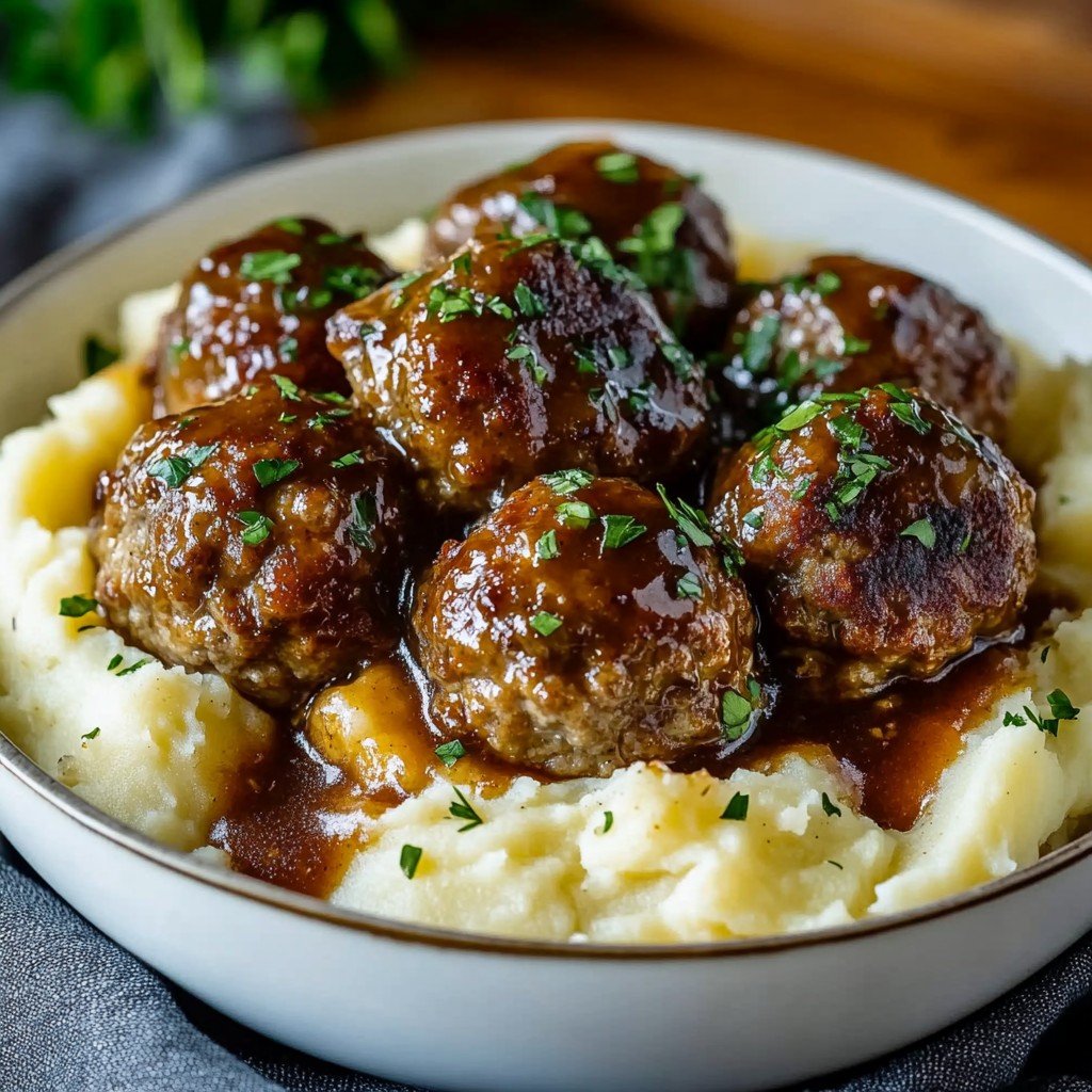 5-Ingredient Salisbury Steak Meatballs & Garlic Mashed Potatoes