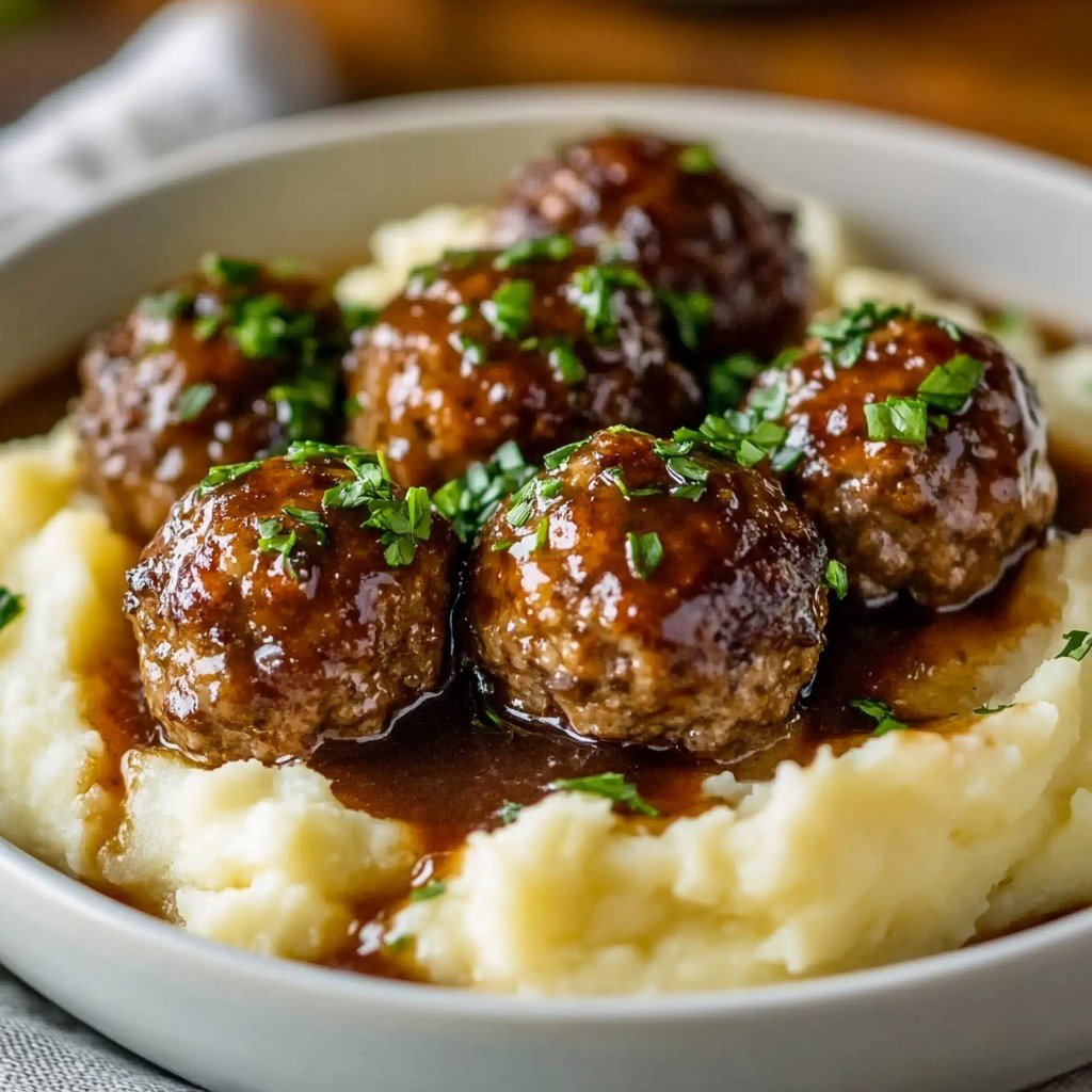 5-Ingredient Salisbury Steak Meatballs & Garlic Mashed Potatoes