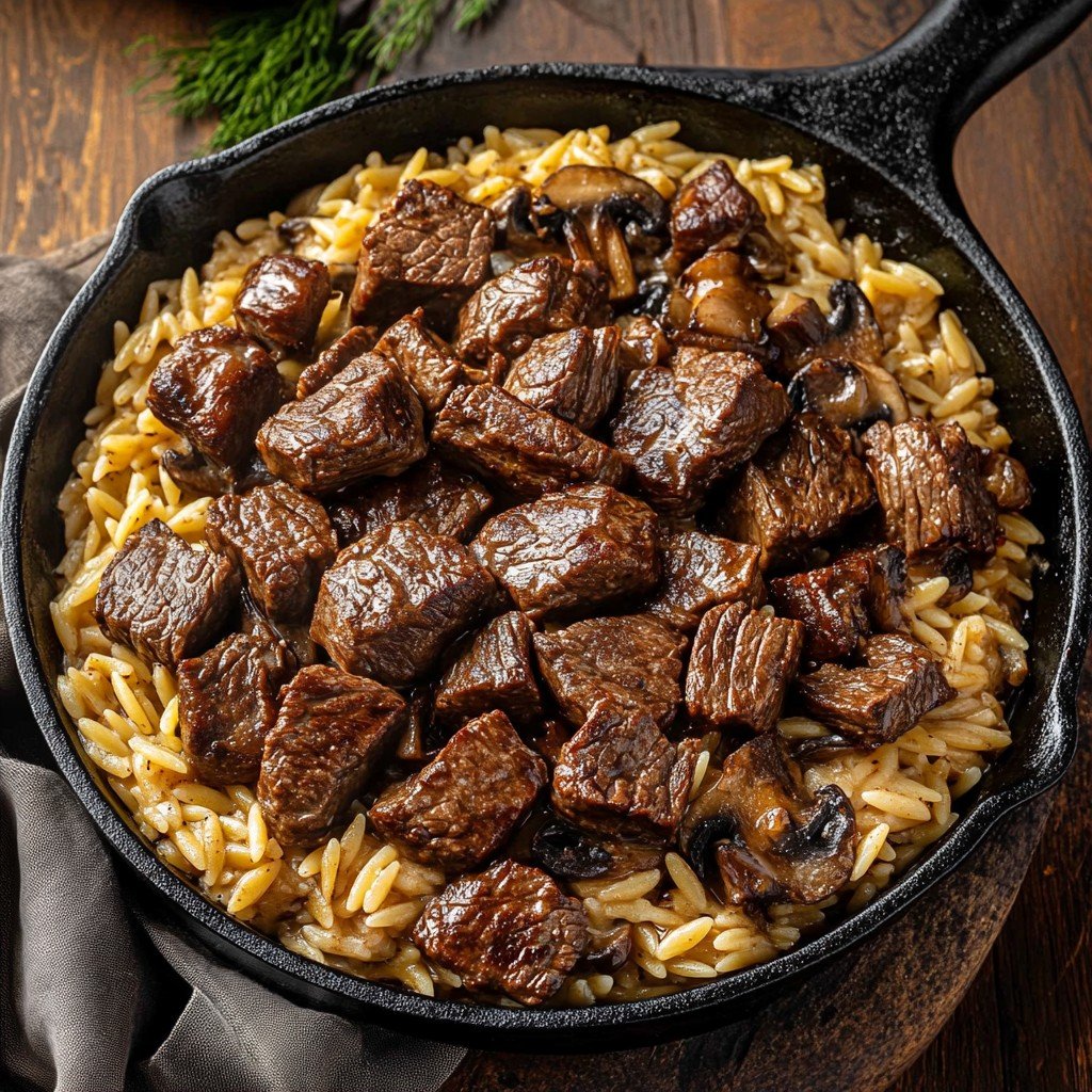5-Ingredient Steak Bites with Creamy Mushroom Orzo Dinner
