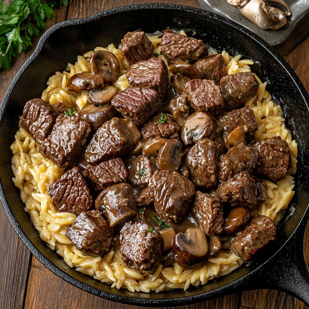 5-Ingredient Steak Bites with Creamy Mushroom Orzo Dinner