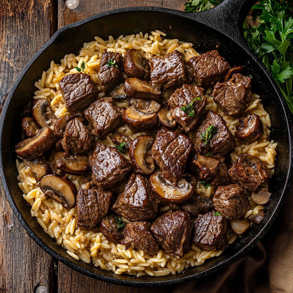 5-Ingredient Steak Bites with Creamy Mushroom Orzo Dinner