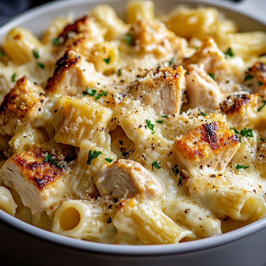 Cheesy Garlic Chicken Rigatoni Casserole