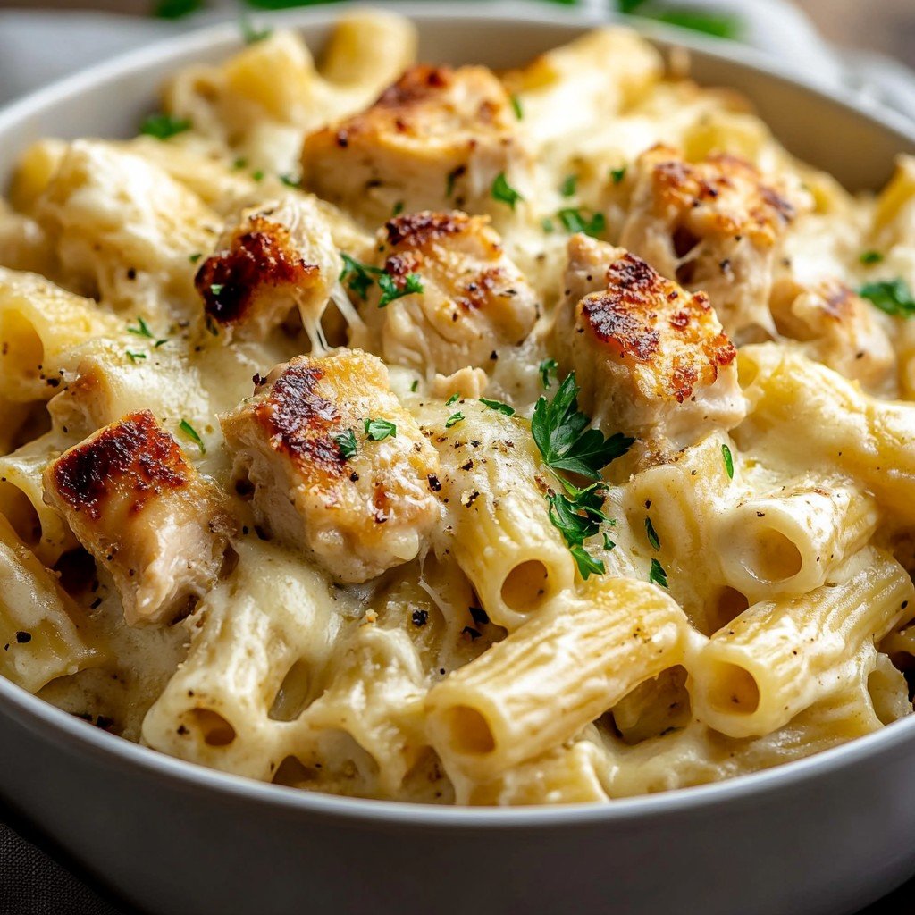 Cheesy Garlic Chicken Rigatoni Casserole
