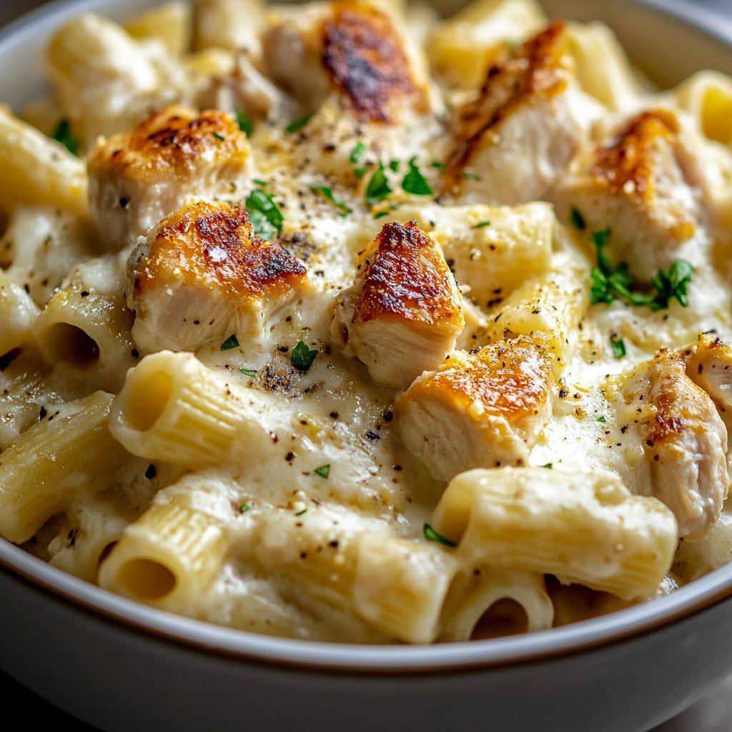 Cheesy Garlic Chicken Rigatoni Casserole