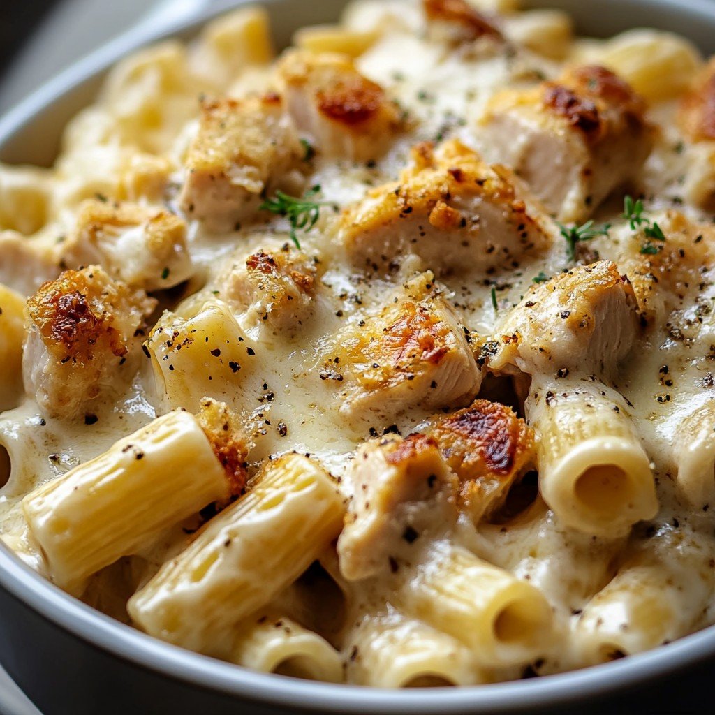 Cheesy Garlic Chicken Rigatoni Casserole