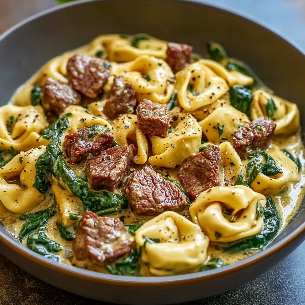 Creamy Tuscan Spinach Steak Bites with Tortellini