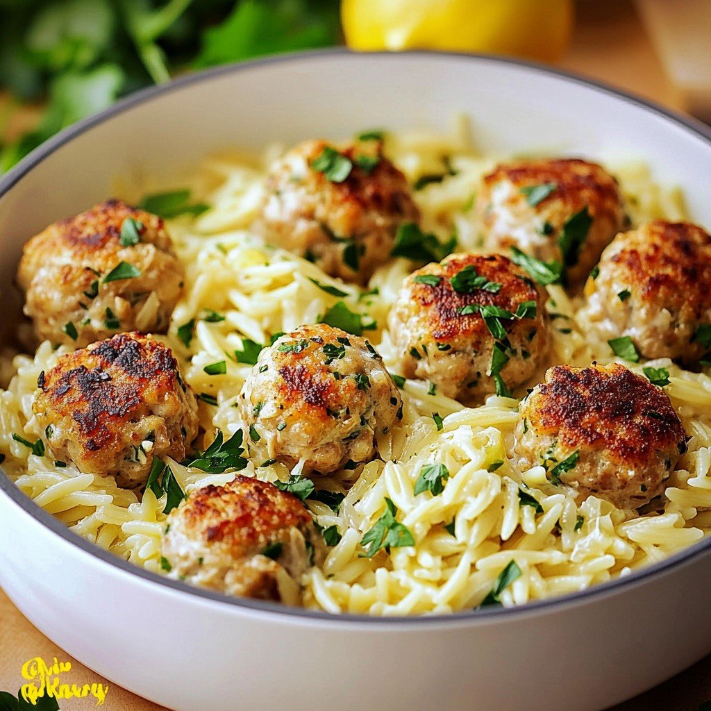 Greek Chicken Meatballs with Lemon Orzo