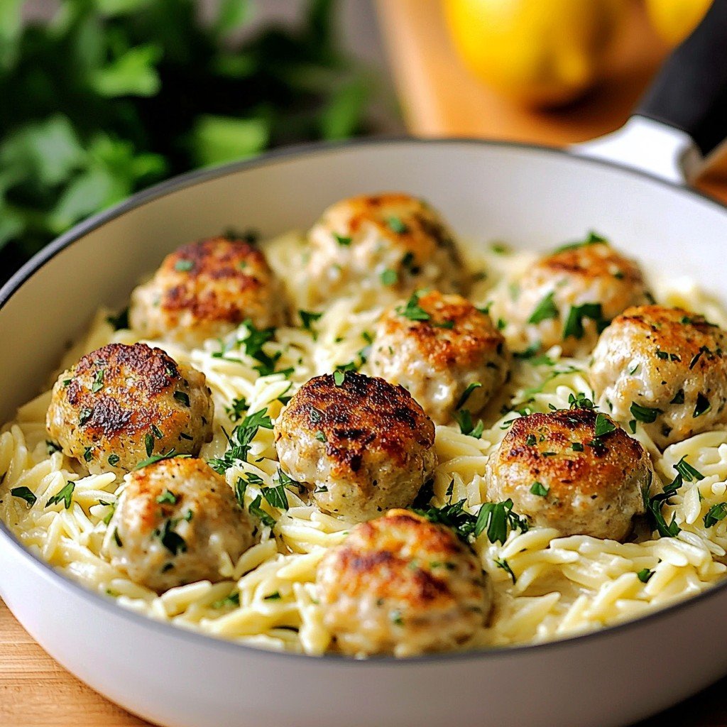 Greek Chicken Meatballs with Lemon Orzo