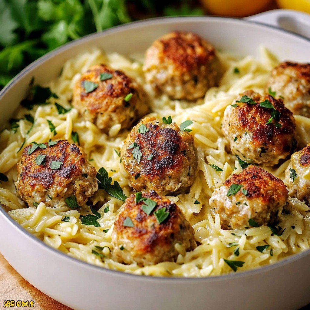 Greek Chicken Meatballs with Lemon Orzo