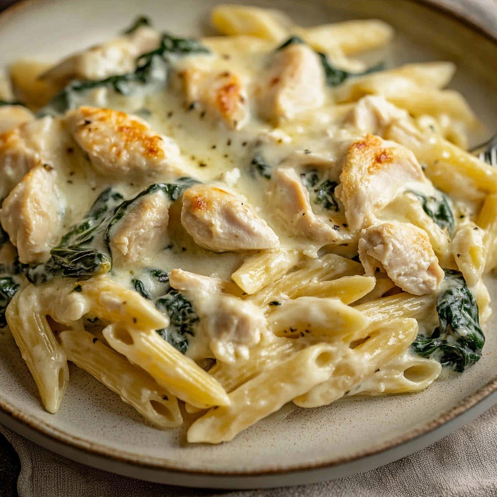 High Protein Chicken Spinach Pasta Bake Easy Dinner