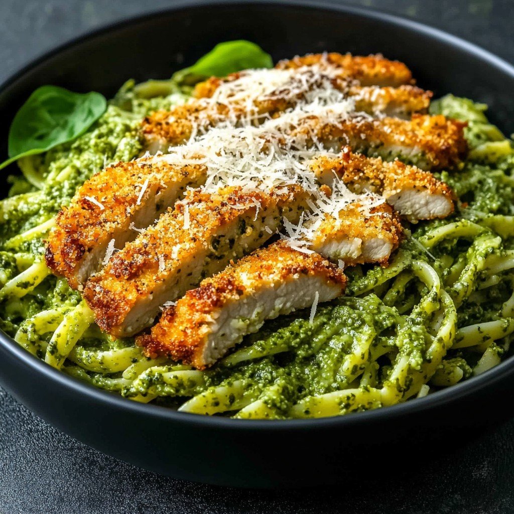 Pesto Pasta with Crispy Parmesan Chicken