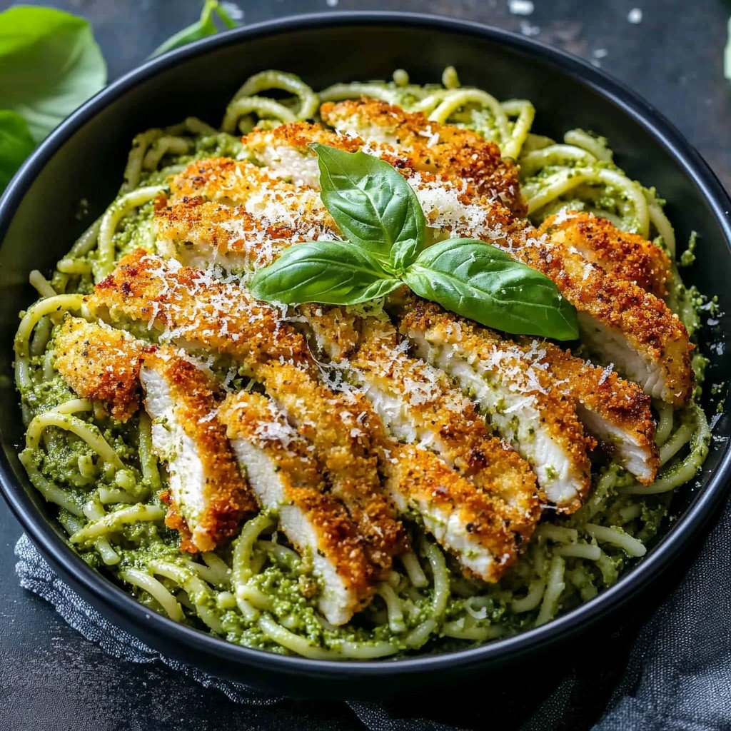 Pesto Pasta with Crispy Parmesan Chicken