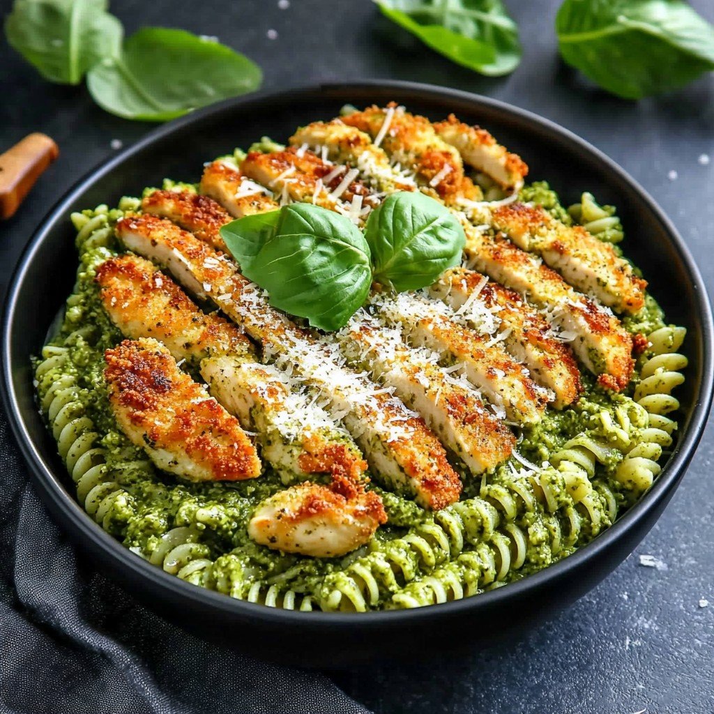 Pesto Pasta with Crispy Parmesan Chicken