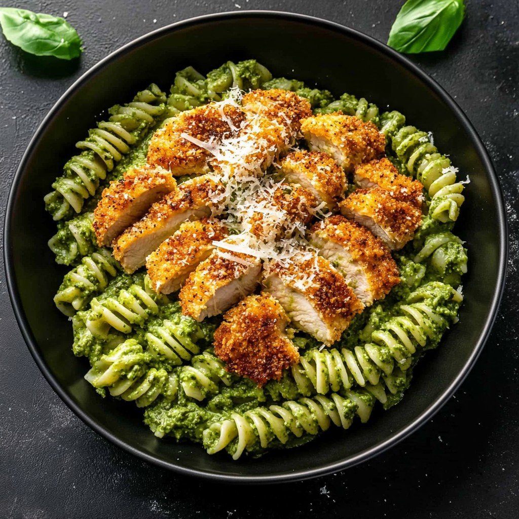 Pesto Pasta with Crispy Parmesan Chicken